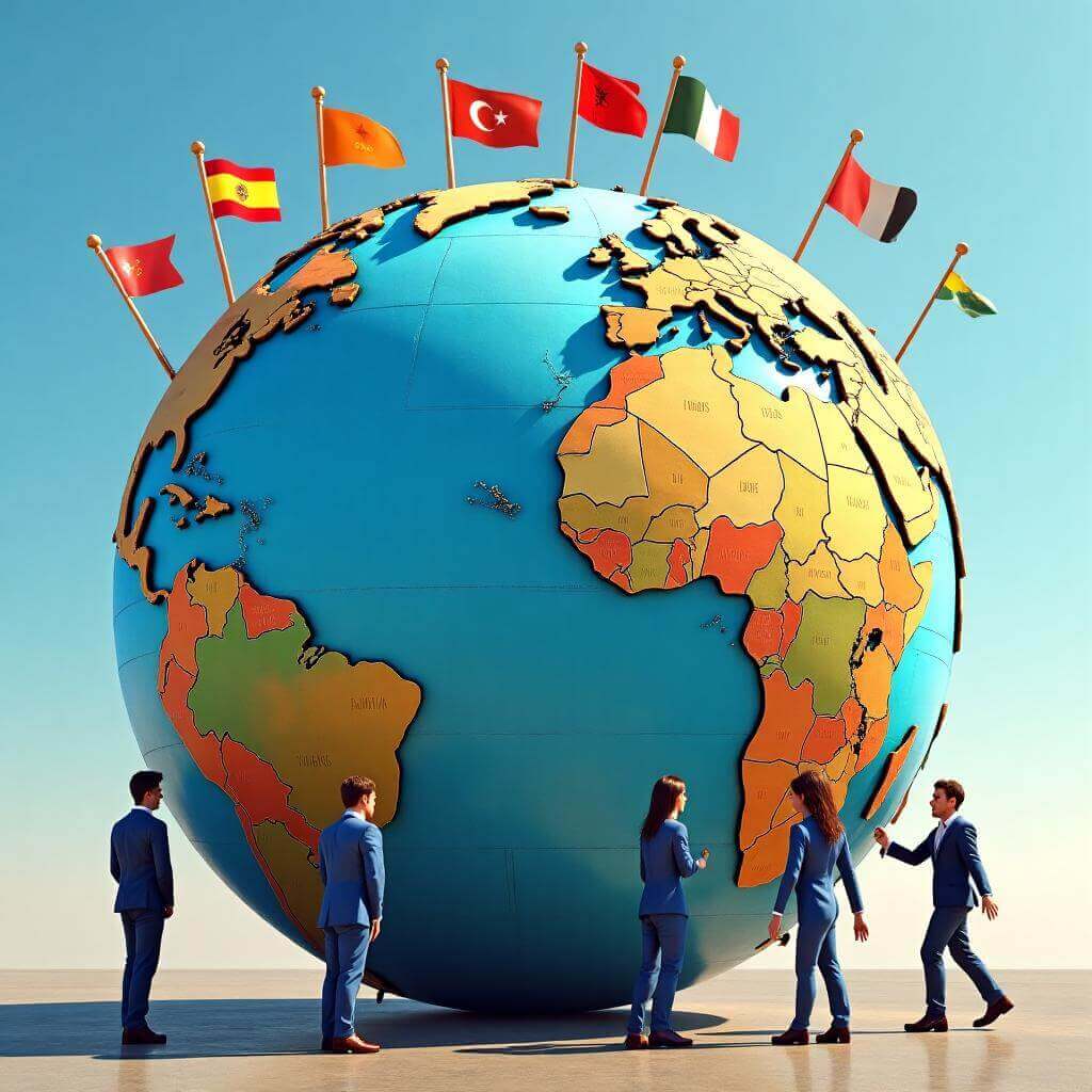 Imagen de un globo terráqueo y personas con banderas, representando movilidad.